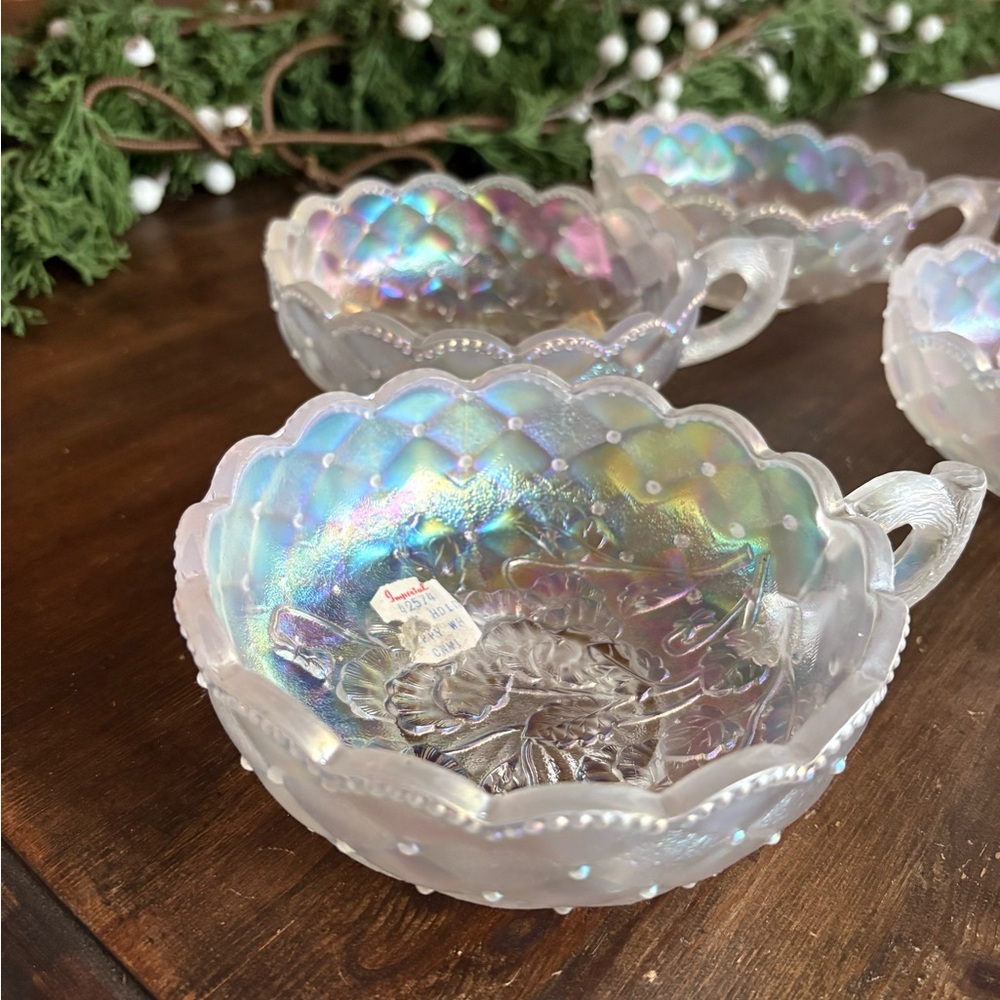 Set 5 Imperial Carnival Glass Handled Nappy pansy Pattern Iridescent Finish